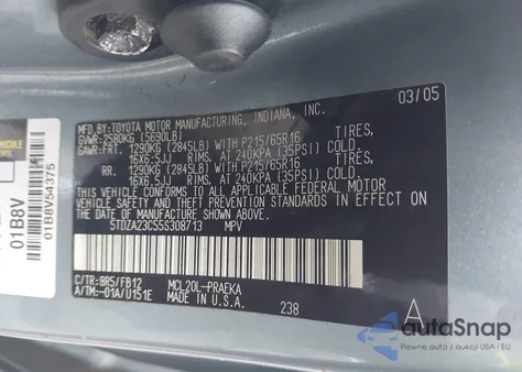 2005 Toyota Sienna Le z USA, uszkodzony, nr VIN 5TDZA23C55S308713